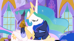 Size: 1811x1019 | Tagged: safe, screencap, character:princess celestia, character:princess luna, species:alicorn, species:pony, episode:between dark and dawn, g4, my little pony: friendship is magic, canterlot castle, curtains, cute, cutelestia, dawwww, discovery family logo, eyes closed, hug, lunabetes, royal sisters, sisterly love, smiling, window