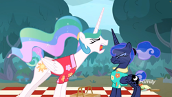 Size: 1811x1019 | Tagged: safe, screencap, character:princess celestia, character:princess luna, species:alicorn, species:pony, episode:between dark and dawn, g4, my little pony: friendship is magic, angry, basket, clothing, discovery family logo, hawaiian shirt, outdoors, picnic, picnic basket, picnic blanket, ponytail, royal we, shirt, traditional royal canterlot voice, tree, vacation