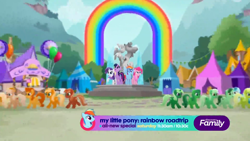 Size: 1920x1080 | Tagged: safe, screencap, character:pinkie pie, character:rainbow dash, character:rarity, character:twilight sparkle, character:twilight sparkle (alicorn), species:alicorn, species:earth pony, species:pegasus, species:pony, species:unicorn, friendship is magic: rainbow roadtrip, g4, my little pony: friendship is magic, background pony, discovery family logo, dot cutie mark, female, fountain, green pony, hope hollow, mare, orange pony, rainbow, statue, unnamed pony