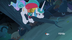 Size: 1811x1019 | Tagged: safe, screencap, character:princess celestia, species:alicorn, species:bird, species:chicken, species:pony, episode:between dark and dawn, g4, my little pony: friendship is magic, adorable distress, alektorophobia, cute, discovery family logo, night, scared, solo, tree