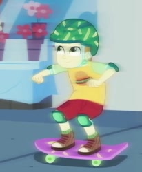 Size: 374x454 | Tagged: safe, screencap, episode:run to break free, g4, my little pony:equestria girls, background human, clothing, cropped, gallop j. fry, male, shoes, shorts, skateboard, skateboarding