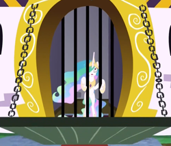 Size: 979x837 | Tagged: safe, screencap, character:princess celestia, species:pony, episode:between dark and dawn, g4, my little pony: friendship is magic, bipedal, cropped, drawbridge, gate, solo