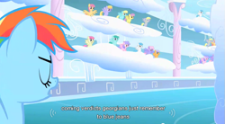 Size: 853x472 | Tagged: safe, screencap, character:derpy hooves, character:rainbow dash, character:rainbowshine, species:pegasus, species:pony, episode:sonic rainboom, g4, my little pony: friendship is magic, female, mare, youtube caption