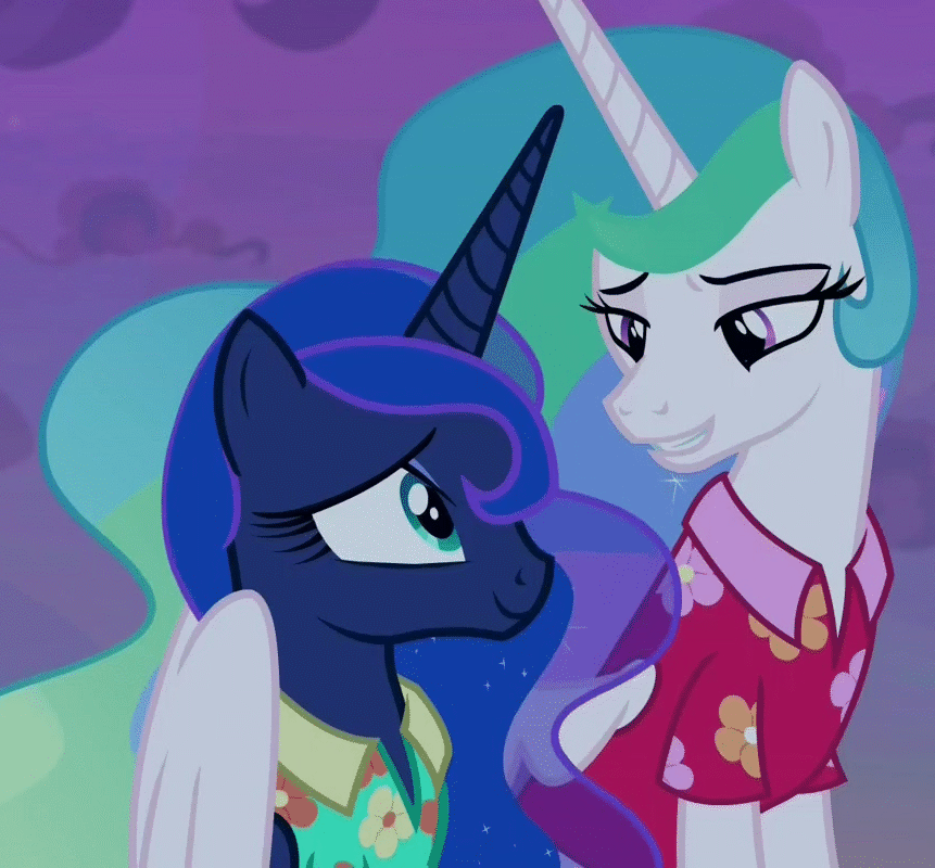 Size: 861x800 | Tagged: safe, screencap, character:princess celestia, character:princess luna, species:alicorn, species:pony, episode:between dark and dawn, g4, my little pony: friendship is magic, affection, animated, barehoof, best sisters, clothing, cropped, cute, cutelestia, dawwww, eyes closed, eyeshadow, female, flowing mane, gif, hawaiian shirt, hug, kiss and make up, lunabetes, makeup, mare, night, royal sisters, shirt, siblings, sisterly love, sisters, winghug