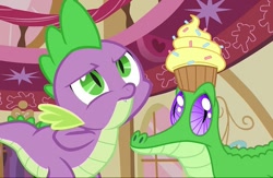 Size: 1107x720 | Tagged: safe, screencap, character:gummy, character:spike, species:dragon, episode:just for sidekicks, g4, my little pony: friendship is magic, alligator, cropped, cupcake, duo, food