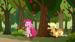 Size: 1920x1080 | Tagged: safe, screencap, character:applejack, character:pinkie pie, species:earth pony, species:pony, episode:between dark and dawn, g4, my little pony: friendship is magic, apple, apple tree, applebucking, applejack mid tree-buck facing the right with 3 apples falling down, applejack mid tree-buck with 3 apples falling down, discovery family logo, duo, falling, female, food, mare, tree
