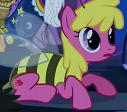 Size: 285x252 | Tagged: safe, screencap, character:cherry berry, species:pony, episode:luna eclipsed, g4, my little pony: friendship is magic, animal costume, background pony, bee, bee costume, clothing, cosplay, costume, cropped, cute, female, mare, nightmare night costume, outfit catalog, prone, solo focus, 🐝