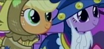 Size: 210x100 | Tagged: safe, screencap, character:applejack, character:twilight sparkle, species:pony, episode:luna eclipsed, g4, my little pony: friendship is magic, clothing, cosplay, costume, cropped, cute, duo, scarecrow, star swirl the bearded costume