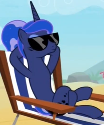 Size: 650x784 | Tagged: safe, screencap, character:princess luna, species:alicorn, species:pony, episode:between dark and dawn, g4, my little pony: friendship is magic, alternate hairstyle, beach chair, cropped, crossed legs, eyes closed, female, hooves behind head, mare, needs more jpeg, reclining, relaxing, sitting, solo, sunbathing luna, sunglasses, we don't normally wear clothes