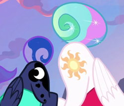 Size: 808x696 | Tagged: safe, screencap, character:princess celestia, character:princess luna, species:alicorn, species:pony, episode:between dark and dawn, g4, my little pony: friendship is magic, butt, cropped, face down ass up, face not visible, female, mare, moonbutt, out of context, plot, praise the moon, praise the sun, royal sisters, siblings, sisters, sunbutt, tail bun
