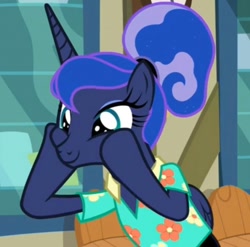 Size: 842x832 | Tagged: safe, screencap, character:princess luna, species:pony, episode:between dark and dawn, g4, my little pony: friendship is magic, alternate hairstyle, clothing, cropped, cute, hawaiian shirt, hoof on cheek, lunabetes, post office, shirt, solo