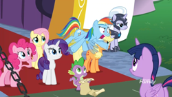 Size: 1366x768 | Tagged: safe, screencap, character:applejack, character:fluttershy, character:pinkie pie, character:rainbow dash, character:rarity, character:silver sable, character:spike, character:twilight sparkle, character:twilight sparkle (alicorn), species:alicorn, species:dragon, species:pony, episode:between dark and dawn, g4, my little pony: friendship is magic, carpet, discovery family logo, faec, female, flying, guard, guardsmare, mane seven, mane six, mare, moat, night guard, night guard armor, rainbow dash is best facemaker, royal guard, scroll, winged spike