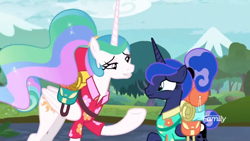 Size: 1366x768 | Tagged: safe, screencap, character:princess celestia, character:princess luna, species:pony, episode:between dark and dawn, g4, my little pony: friendship is magic, alternate hairstyle, clothing, discovery family logo, hawaiian shirt, outdoors, ponytail, saddle bag, shirt, tourist