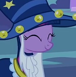 Size: 268x274 | Tagged: safe, screencap, character:twilight sparkle, species:pony, episode:luna eclipsed, g4, my little pony: friendship is magic, clothing, costume, cropped, cute, eyes closed, happy, nightmare night, nightmare night costume, solo, star swirl the bearded costume
