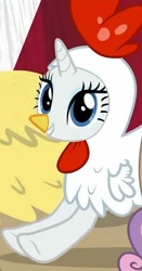 Size: 359x683 | Tagged: safe, screencap, character:rarity, species:bird, species:chicken, episode:forever filly, g4, my little pony: friendship is magic, animal costume, chicken suit, clothing, cosplay, costume, cropped, cute, happy, solo