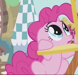 Size: 488x470 | Tagged: safe, screencap, character:pinkie pie, species:pony, episode:griffon the brush-off, cropped, cute, diapinkes, floppy ears, open mouth, scared, sitting, solo, wide eyes