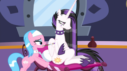 Size: 1920x1080 | Tagged: safe, screencap, character:aloe, character:princess celestia, species:alicorn, species:earth pony, species:pony, episode:between dark and dawn, g4, my little pony: friendship is magic, celestia is not amused, choker, duo, emo, female, goth, hoof shoes, it happened, mare, mouth hold, punklestia, unamused