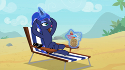 Size: 1920x1080 | Tagged: safe, screencap, character:princess luna, species:alicorn, species:pony, episode:between dark and dawn, g4, my little pony: friendship is magic, alternate hairstyle, barehoof, beach, beach chair, crossed legs, eyeshadow, female, folded wings, glowing horn, hair bun, hooves behind head, horn, levitation, lidded eyes, magic, magic aura, makeup, mare, open mouth, reclining, relaxing, solo, stupid sexy princess luna, sunglasses, telekinesis, we don't normally wear clothes, wingless, wings