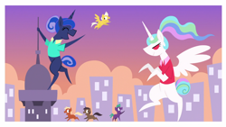 Size: 1920x1080 | Tagged: safe, screencap, character:princess celestia, character:princess luna, species:alicorn, species:pony, episode:between dark and dawn, g4, my little pony: friendship is magic, bipedal, city, clothing, female, giant pony, giantess, giantlestia, hair bun, macro, mare, pointy ponies, ponytail, postcard, royal sisters, shirt