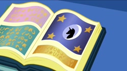 Size: 1136x640 | Tagged: safe, screencap, episode:friendship is magic, g4, my little pony: friendship is magic, book, mare in the moon, moon, open book, pony history, predictions and prophecies, the stars will aid in her escape, wingdings, written equestrian