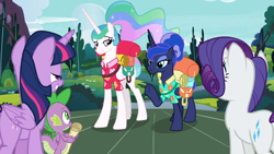 Size: 1920x1080 | Tagged: safe, screencap, character:princess celestia, character:princess luna, character:rarity, character:spike, character:twilight sparkle, character:twilight sparkle (alicorn), species:alicorn, species:dragon, species:pony, species:unicorn, episode:between dark and dawn, g4, my little pony: friendship is magic, alternate hairstyle, barehoof, beautiful, clothing, ethereal mane, female, folded wings, hair bun, male, mare, open mouth, ponytail, raised eyebrow, royal sisters, shirt, siblings, sisters, smiling, tail bun, talking, waving, winged spike, wings