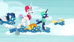 Size: 1920x1080 | Tagged: safe, screencap, character:blaze, character:fleetfoot, character:high winds, character:lightning streak, character:misty fly, character:princess celestia, character:princess luna, character:silver lining, species:alicorn, species:pegasus, species:pony, episode:between dark and dawn, g4, my little pony: friendship is magic, barehoof, clothing, excited, exhausted, female, flying, folded wings, goggles, helmet, horse riding a horse, male, mare, ponies riding ponies, royal sisters, spread wings, stallion, tail bun, uniform, vacation, wings, wonderbolts, wonderbolts uniform