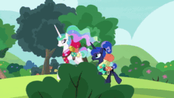 Size: 1920x1080 | Tagged: safe, screencap, character:capper dapperpaws, character:discord, character:flam, character:fleetfoot, character:flim, character:gabby, character:garble, character:gilda, character:laguna, character:princess celestia, character:princess luna, character:prominence, character:silverstream, character:smooze, character:soarin', character:spitfire, character:trixie, character:zecora, species:abyssinian, species:alicorn, species:changeling, species:classical hippogriff, species:draconequus, species:dragon, species:griffon, species:hippogriff, species:pegasus, species:pony, species:reformed changeling, species:unicorn, species:zebra, episode:between dark and dawn, g4, my little pony: friendship is magic, alternate hairstyle, animated, cauldron, clothing, cute, cutelestia, ethereal mane, female, hair bun, lotta little things, lunabetes, mare, no sound, ponytail, prancing, quadrupedal, royal sisters, shirt, tail bun, tree, trixie's wagon, trotting, vex, webm, wonderbolts