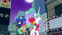 Size: 1920x1080 | Tagged: safe, screencap, character:princess celestia, character:princess luna, species:alicorn, species:pony, episode:between dark and dawn, g4, my little pony: friendship is magic, :o, :t, alternate hairstyle, animated, billboard, bridleway, cats (musical), clothing, confused, cute, cutelestia, dawwww, eye contact, eyes closed, eyes on the prize, female, grin, happy, hawaiian shirt, hoof over mouth, hug, lidded eyes, looking at each other, looking at something, looking up, manehattan, mare, moon, night, no sound, open mouth, plushie, ponytail, raised eyebrow, royal sisters, running, shirt, smiling, squee, surprised, toy, toy store, walking, webm, wide eyes, wonderbolts poster