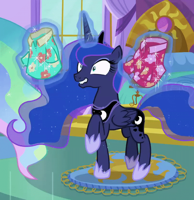 Size: 800x824 | Tagged: safe, screencap, character:princess celestia, character:princess luna, species:alicorn, species:pony, episode:between dark and dawn, g4, my little pony: friendship is magic, animated, clothing, cropped, cute, excited, female, gif, hawaiian shirt, hoof shoes, lip bite, lunabetes, magic, magic aura, mare, prancing, shirt, shrunken pupils, solo focus, telekinesis, trotting, trotting in place