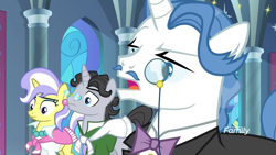 Size: 1366x768 | Tagged: safe, screencap, character:fancypants, character:jet set, character:upper crust, species:pony, species:unicorn, episode:between dark and dawn, g4, my little pony: friendship is magic, canterlot castle, clothing, column, discovery family logo, ear piercing, earring, eyeshadow, female, glasses, jewelry, makeup, male, mare, monocle, necklace, noble, piercing, raised eyebrow, skeptical, stallion, trio