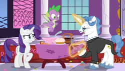 Size: 1366x768 | Tagged: safe, screencap, character:rarity, character:spike, species:dragon, episode:between dark and dawn, g4, my little pony: friendship is magic, bowl, clothing, column, flying, food, hat, ladle, levitation, magic, monocle, nervous, nervous grin, party hat, table, tablecloth, telekinesis, window, winged spike
