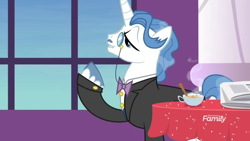 Size: 1366x768 | Tagged: safe, screencap, character:fancypants, species:pony, species:unicorn, episode:between dark and dawn, g4, my little pony: friendship is magic, bow tie, clothing, cup, food, hot chocolate, lidded eyes, male, monocle, newspaper, noble, solo, stallion, steam, suit, table, tablecloth, tea, teacup, tuxedo, unshorn fetlocks, window