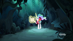 Size: 1366x768 | Tagged: safe, screencap, character:princess celestia, species:pony, episode:between dark and dawn, g4, my little pony: friendship is magic, dark, discovery family logo, forest, levitation, lost, magic, map, solo, telekinesis