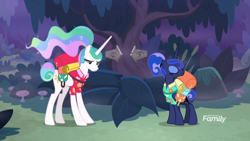 Size: 1366x768 | Tagged: safe, screencap, character:princess celestia, character:princess luna, species:pony, episode:between dark and dawn, g4, my little pony: friendship is magic, alternate hairstyle, arrow, discovery family logo, forest, ponytail, saddle bag, sign, trail