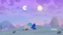 Size: 1366x768 | Tagged: safe, screencap, character:princess celestia, character:princess luna, species:pony, episode:between dark and dawn, g4, my little pony: friendship is magic, cloud, crescent moon, discovery family logo, moon, mountain, scenery, sight seeing, sitting, sky, sun, symbolism