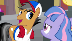 Size: 1920x1080 | Tagged: safe, screencap, character:quibble pants, character:wind sprint, species:earth pony, species:pegasus, species:pony, episode:common ground, g4, my little pony: friendship is magic, clothing, duo, female, filly, foal, hat, male, open mouth, shirt, stallion