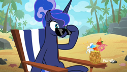 Size: 1920x1080 | Tagged: safe, screencap, character:princess luna, species:alicorn, species:pony, episode:between dark and dawn, g4, my little pony: friendship is magic, alternate hairstyle, barehoof, beach, coconut drink, discovery family logo, drink, eyeliner, female, folded wings, frown, hair bun, lonely, makeup, mare, solo, sunglasses, surprised, vacation, we don't normally wear clothes