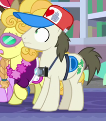 Size: 430x492 | Tagged: safe, screencap, species:earth pony, species:pony, episode:molt down, g4, my little pony: friendship is magic, amber locks, background pony, baseball cap, camera, cap, clothing, cropped, fanny pack, female, filly, fortune favors, hat, lemon chiffon, library, male, mare, stallion