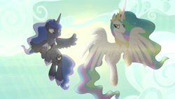 Size: 1920x1080 | Tagged: safe, screencap, character:princess celestia, character:princess luna, species:alicorn, species:pony, episode:between dark and dawn, g4, my little pony: friendship is magic, duo, female, flying, jewelry, mare, regalia, siblings, sisters, sun