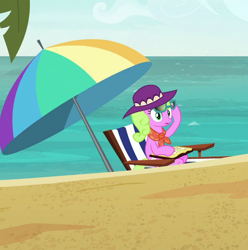 Size: 666x671 | Tagged: safe, screencap, character:daisy, species:earth pony, species:pony, episode:between dark and dawn, g4, my little pony: friendship is magic, background pony, beach, beach chair, book, clothing, cropped, female, hat, mare, ocean, scarf, solo, sun hat, sunglasses, surprised, umbrella