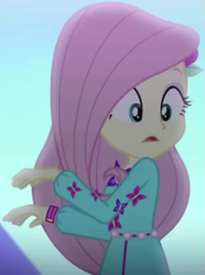 Size: 745x1003 | Tagged: safe, screencap, character:fluttershy, episode:the last drop, g4, my little pony:equestria girls, clothing, cropped, cute, dress, female, flower, long sleeves, looking down, open mouth, outdoors, shyabetes, solo, the last drop: fluttershy, waistband, wristband