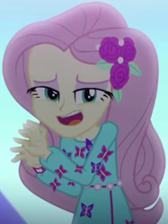 Size: 722x965 | Tagged: safe, screencap, character:fluttershy, episode:the last drop, g4, my little pony:equestria girls, clothing, cropped, dress, female, flower, hairclip, lidded eyes, long sleeves, outdoors, rawr, rose, solo, the last drop: fluttershy, waistband