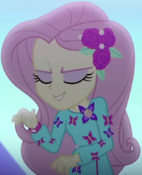 Size: 776x951 | Tagged: safe, screencap, character:fluttershy, episode:the last drop, g4, my little pony:equestria girls, clothing, cropped, cute, dress, eyes closed, female, flower, geode of fauna, hairclip, jewelry, long sleeves, magical geodes, rose, shyabetes, smiling, solo, the last drop: fluttershy, waistband, wristband