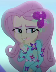 Size: 755x969 | Tagged: safe, screencap, character:fluttershy, episode:the last drop, g4, my little pony:equestria girls, clothing, cropped, cute, dress, female, flower, geode of fauna, hairclip, jewelry, lidded eyes, long sleeves, magical geodes, outdoors, rose, shyabetes, smiling, solo, the last drop: fluttershy, waistband, wristband