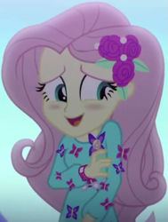 Size: 735x970 | Tagged: safe, screencap, character:fluttershy, episode:the last drop, g4, my little pony:equestria girls, blushing, butterfly, clothing, cropped, cute, dress, female, flower, geode of fauna, giggling, hairclip, jewelry, long sleeves, looking away, magical geodes, outdoors, rose, shyabetes, smiling, solo, the last drop: fluttershy, waistband