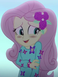 Size: 734x974 | Tagged: safe, screencap, character:fluttershy, episode:the last drop, g4, my little pony:equestria girls, blushing, butterfly, clothing, cropped, cute, dress, female, flower, geode of fauna, giggling, hairclip, jewelry, long sleeves, magical geodes, open mouth, outdoors, rose, shyabetes, smiling, the last drop: fluttershy