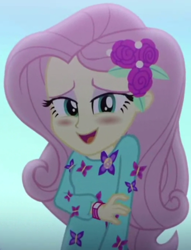 Size: 746x978 | Tagged: safe, screencap, character:fluttershy, episode:the last drop, g4, my little pony:equestria girls, blushing, butterfly, clothing, cropped, cute, dress, female, flower, geode of fauna, giggling, hairclip, jewelry, lidded eyes, long sleeves, magical geodes, outdoors, rose, shyabetes, smiling, solo, the last drop: fluttershy, wristband
