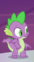 Size: 346x624 | Tagged: safe, screencap, character:spike, species:dragon, episode:between dark and dawn, g4, my little pony: friendship is magic, claws, cropped, fangs, folded wings, male, on table, open mouth, raised eyebrow, slit eyes, solo, standing, tail, toes, winged spike, wings