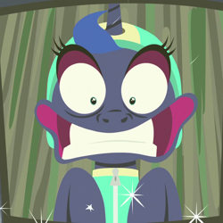 Size: 1080x1080 | Tagged: safe, screencap, character:princess luna, species:alicorn, species:pony, episode:between dark and dawn, g4, my little pony: friendship is magic, coffee mug, cropped, faec, female, gums, helmet, majestic as fuck, mare, mug, photo, scared, souvenir, terrified, wavy mouth, wide eyes, zipline