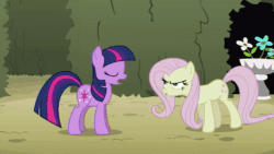 Size: 900x506 | Tagged: safe, screencap, character:fluttershy, character:twilight sparkle, species:pony, episode:the return of harmony, g4, my little pony: friendship is magic, animated, cruel, discorded, eye shimmer, flutterbitch, sound, tail swat, webm